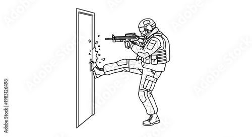 Special Forces Soldier Kicks Down Door with Assault Rifle