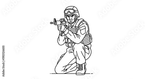 Soldier kneeling with assault rifle, tactical gear, military, combat, action pose