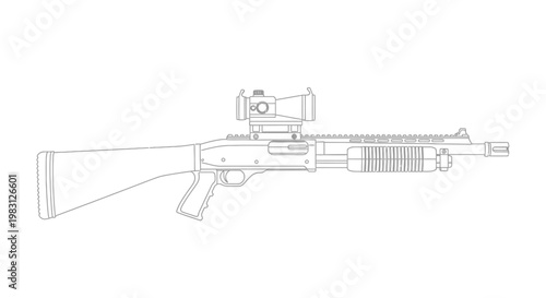 Tactical Shotgun with Red Dot Sight - Line Art Illustration