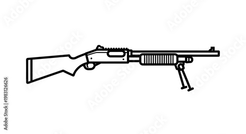 Tactical Shotgun with Bipod, Black and White Line Art Illustration