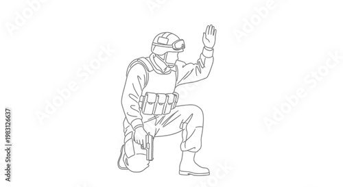 Soldier kneeling with gun and hand raised, tactical gear, protest, surrender gesture