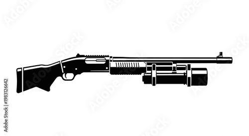 Tactical Shotgun with Tactical Light Attachment - Black and White Silhouette