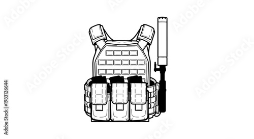 Tactical Vest with Rifle Silencer and Magazine Pouches - Line Art Illustration