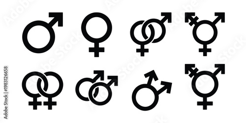 Gender identity symbols set, black male and female icons, transgender and non-binary sign collection, 8 vector elements for social diversity