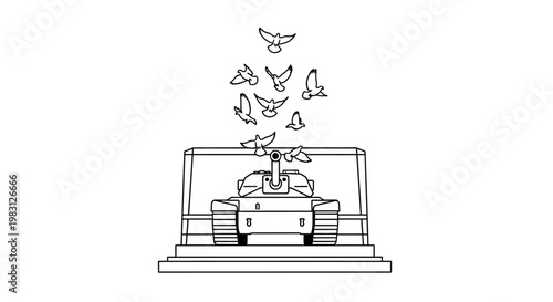 Tank transformed into peace symbol with doves flying out