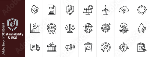 Sustainability and ESG Line Icon Set - Minimalist Environmental Social Governance and Green Energy Vector Illustrations