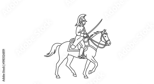 Vintage Cavalry Soldier on Horseback with Sword, Historical Military Illustration