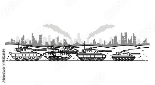 War tanks advance through destroyed city ruins with smoke plumes rising