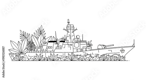Warship overgrown with plants, symbolizing peace and nature reclaiming military might.