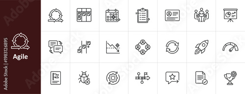 Agile Project Management Line Icon Set - Minimalist Scrum and Kanban Vector Illustrations