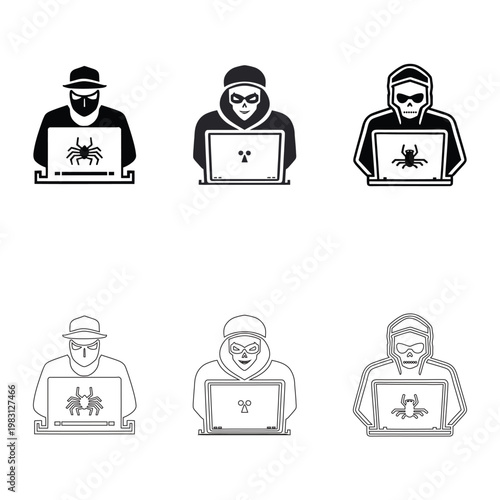 cybercrime illustration with hackers and laptops.