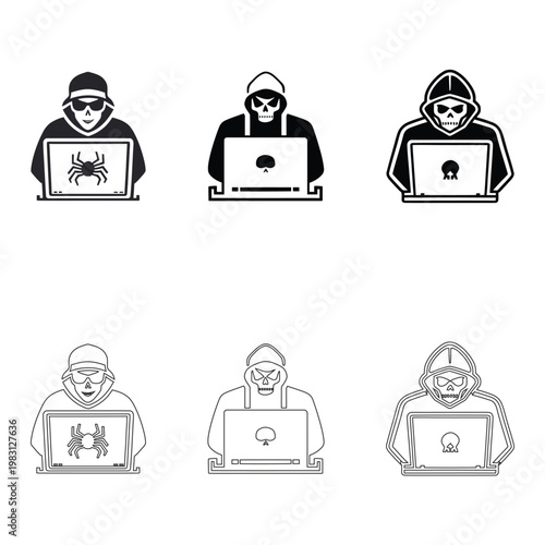 hackers, cybercrime, laptop icons.