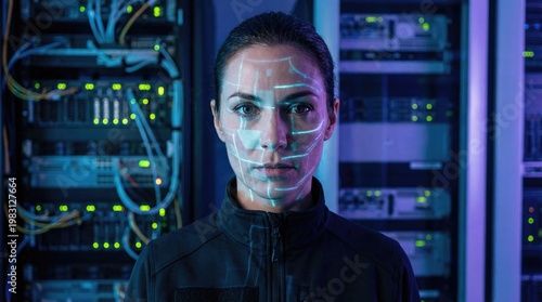 Wallpaper Mural A person standing next to rows of computer servers in a data center or IT facility Torontodigital.ca