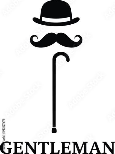 Gentleman silhouette design, bowler hat vector, mustache icon artwork, walking cane illustration, classic style clipart, black gentleman graphic collection