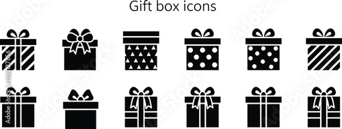 Gift box silhouette set, present icon vector, holiday packaging illustration, celebration clipart artwork, ribbon bow design, black gift graphic collection