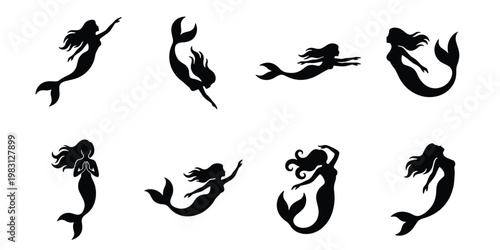 Mermaid silhouette collection, set of 8 mythical sea creature icons, black swimming siren vector illustrations, fantasy ocean girl graphics