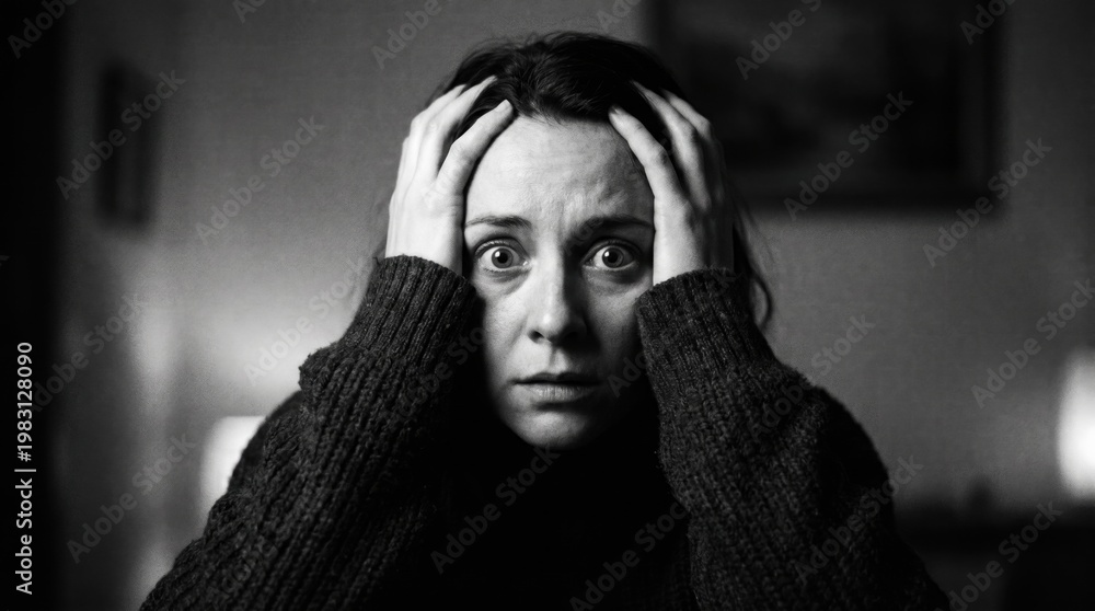 Naklejka premium A woman sitting or standing, with hands placed on top of her head, in a grayscale photograph