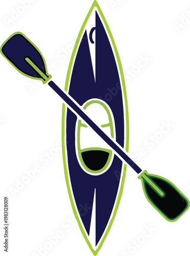 Overhead view of a sleek dark blue and yellow kayak with a black paddle isolated on a white background