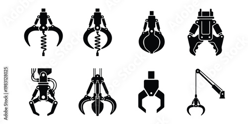 Industrial crane claw icons set, 8 mechanical grabber vector silhouettes, heavy machinery hydraulic lifting equipment for construction and recycling