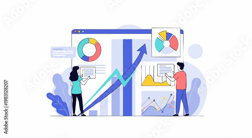 Business analysis:  A dynamic illustration showcasing business data analysis, with professionals diligently examining interactive charts and graphs to uncover trends and insights
