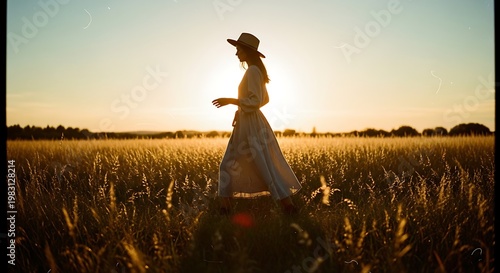 A woman in a long dress and hat walking through a wheat field at sunset