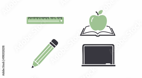 Education Essentials: A visual representation of key learning tools – a ruler, a pencil, an open book with an apple, and a blackboard – encapsulates the core elements of education. 