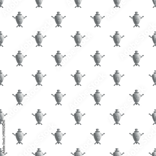 Grey samovars repeating on a white background creating a traditional pattern