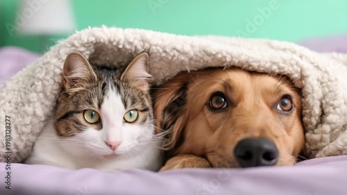 Tabby cat and golden dog snuggled under blanket on bed closeup cozy home warmth comfort relaxed sleepy companions