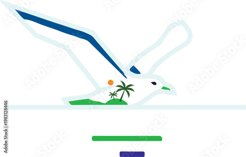 A minimalist digital artwork depicting a soaring bird above a tranquil island landscape with vibrant colors