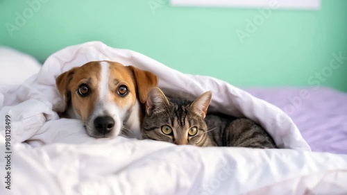 Dog and cat snuggled under blanket on bed cozy pet companions resting together domestic animal friendship morning relaxation warmth comfort cuddling