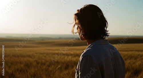 A young woman stands alone in a vast wheat field at sunset