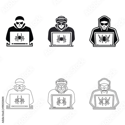 cybercrime, hackers with spider on laptop.