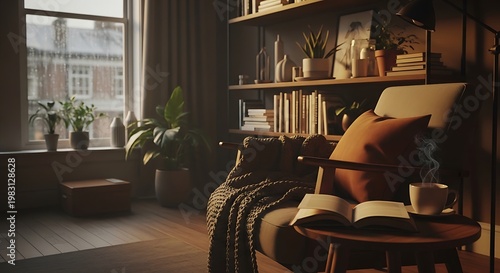 A cozy living room with a comfortable chair and a good book