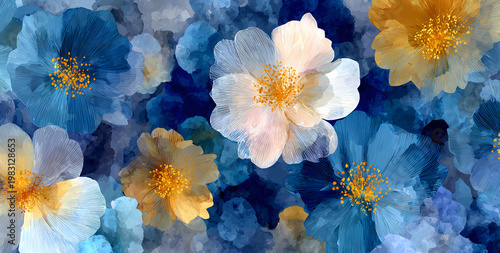 Arrière-plan floral abstrait à l'aquarelle bleue et dorée pour design d'invitation élégant