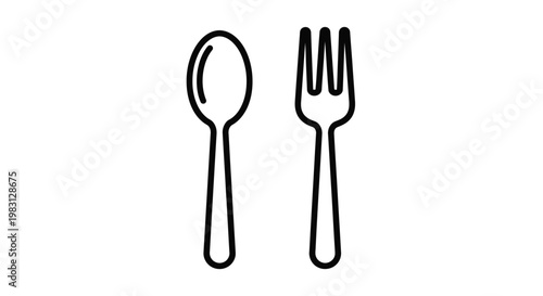 Minimalist vector graphic illustration featuring simple black outlines of a standard dining spoon and a dinner fork isolated on a plain white background for design
