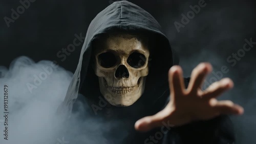 Skull hooded male caucasian adult reaper hand reaching through smoke closeup spooky skeleton face in dark cloak horror atmosphere