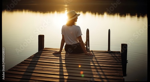 A serene woman sitting on a wooden dock at sunset by the lake