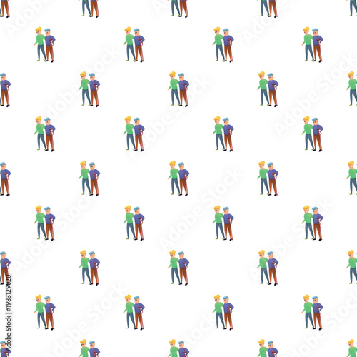Two cartoon companions walking together in a repeating seamless pattern on a white background