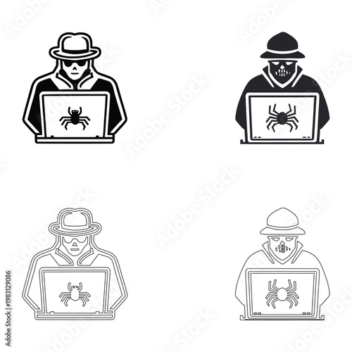 cybercrime, hackers with laptop and spider.