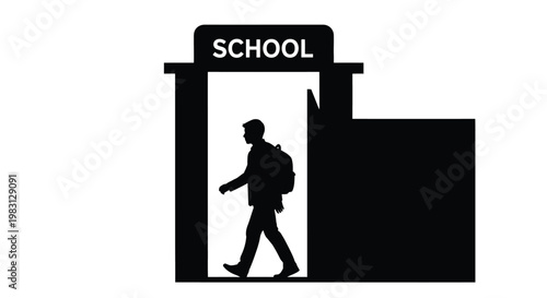 Silhouette illustration of a young student carrying a backpack while walking through the front entrance gate of a school building in a simple flat graphic design