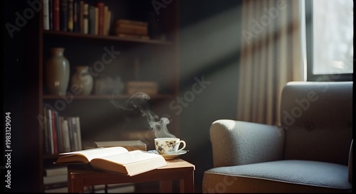 A cozy reading nook with a steaming cup of coffee and an open book