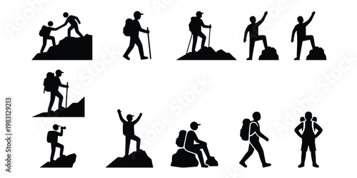 Hiking silhouette icons set, mountain climbing and trekking people silhouettes, 11 outdoor adventure vector elements for travel and exploration