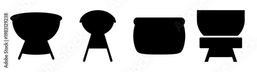 minimalist black barbecue grill and chair set flat icon design