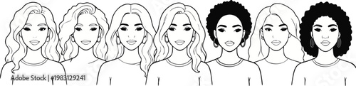 Diverse Women Group Portrait Lineup With Friendly Faces and varied hairstyles in a clean black-and-white vector style— Female Vector Illustration
