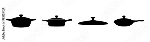 set of four black cooking pots and lids isolated on white background