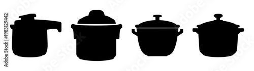 Set of four black kitchen pressure cookers isolated on white background