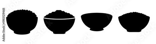 set of four minimalist black rice bowls isolated on white background
