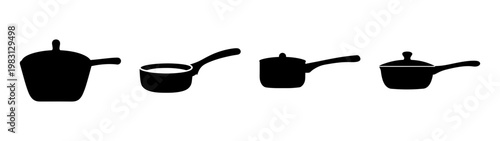 set of four minimalist black cooking pots and ladles isolated on white background