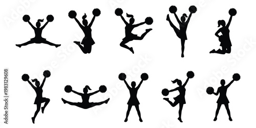 Cheerleader silhouette collection, 10 cheerleading icons with pom poms, athletic girls jumping and dancing vector set for sports events