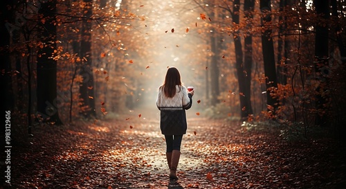A woman walks through a serene autumn forest with a cup of coffee